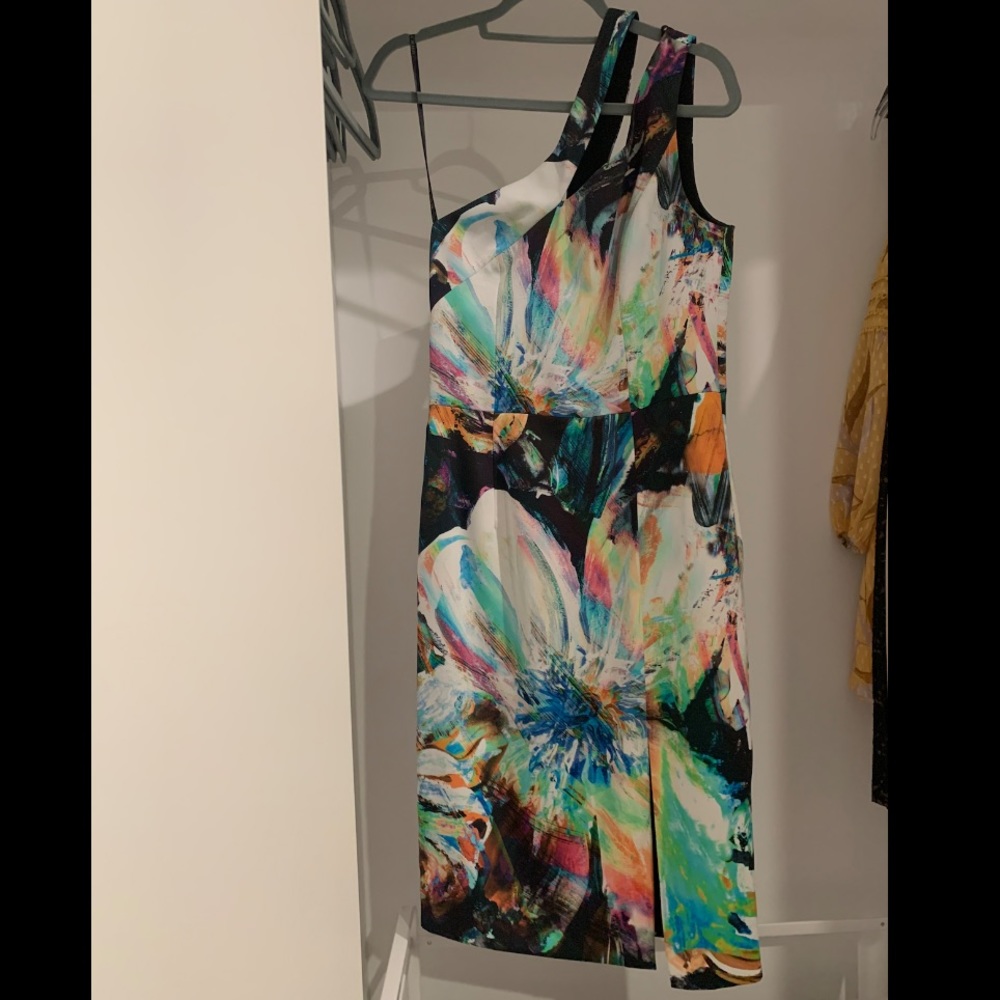 Black Halo One Shoulder Abstract Multicolored Floral Midi Dress w/ Side Slit.